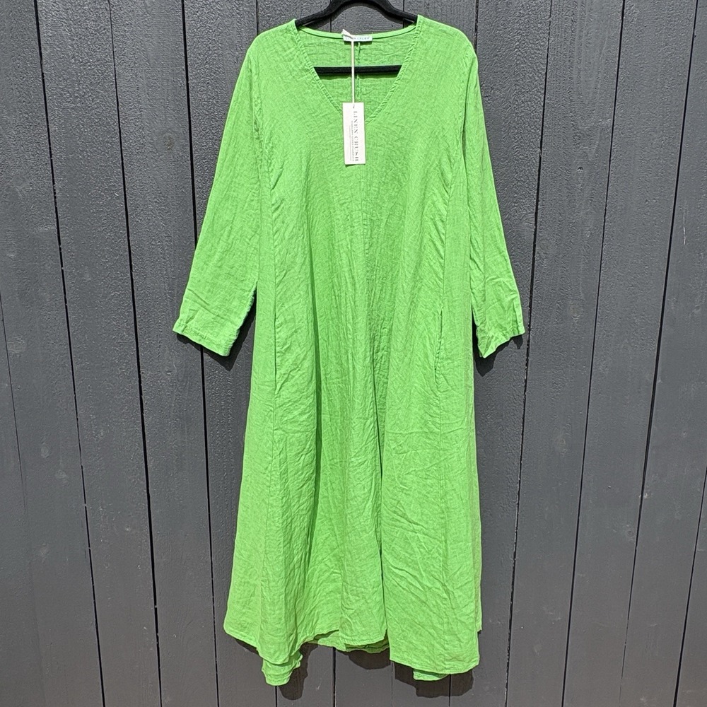 Linen Crush Maxi Dress Kaftan S/M Boho Coastal Lagenlook Minimalist Resort NEW